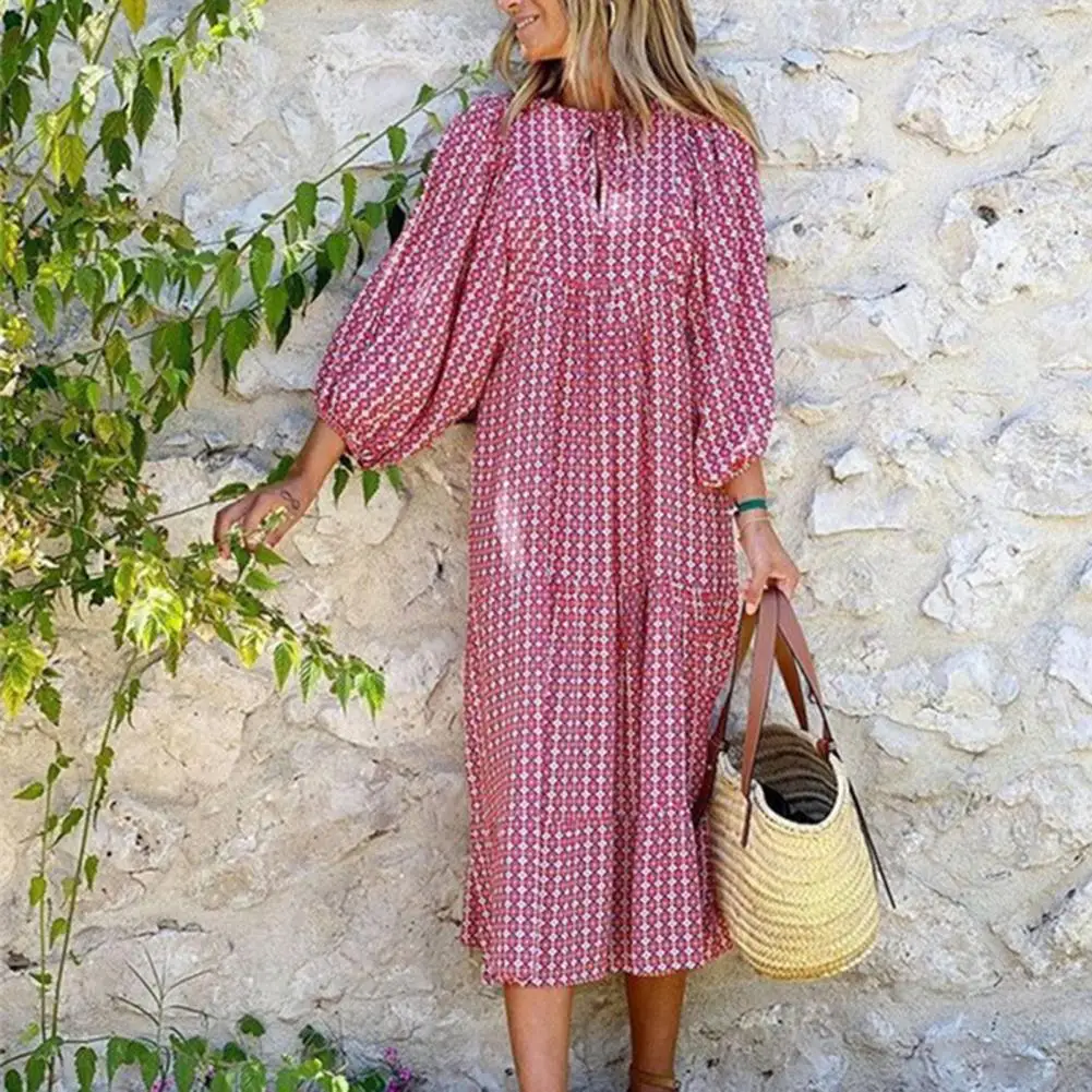 

Women Long Dress Puff Sleeve Dress Geometric Print V Neck Midi Dress with Bubble Sleeves A-line Silhouette for Summer Vacation