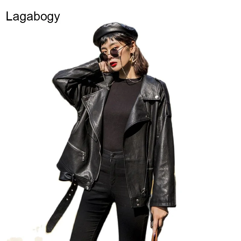 

Women Spring Autumn Lagabogy Oversized PU New Faux Leather Jacket With Belt Female Casual Loose Moto Biker Coat Outwear