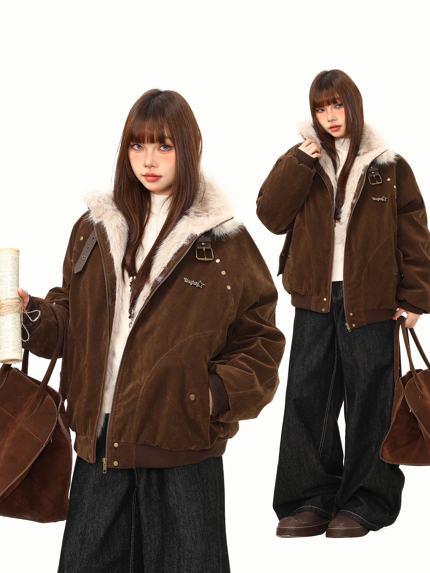 

Женская зимняя утепленная куртка Wild Azi из хлопка в стиле ретро, рабочая одежда, модная уличная одежда, с капюшоном на молнии