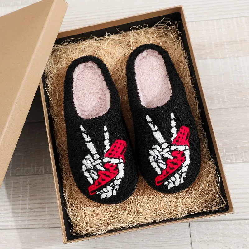 Halloween Skeleton Hand Gesture Plush Slippers Couple Thick Teddy Fleece Gothic Style Warm Non-slip Indoor Home Slippers