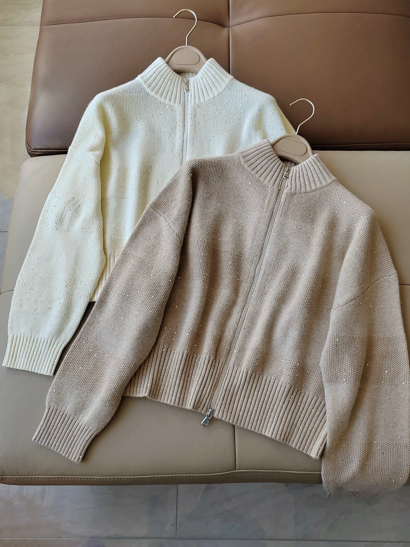 Women's 2026 Autumn Winter New Sequined 100% Wool Stand-up Collar Zipper Knitted Cardigan Top Jacket