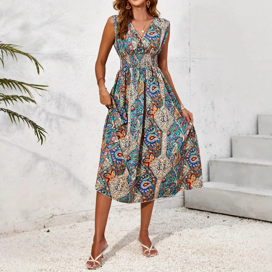 Summer Boho Dress Women Fahsion Sleeveless Print Beach Party Dresses Elegant Casual Holiday Female Dress For Women Robe Femme