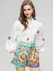 Summer Fashion Street Two Piece Set Women Stand Collar Long Lantern Sleeve Classic Printing Shirt+Shorts Sweets Suit