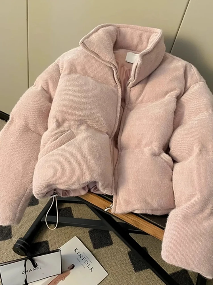 

Winter Warm Crop Parkas Women Pink Thick Stand Collar Long Sleeve Sweet Puffy Coats Korean All Match Zipper Preppy Short Outwear