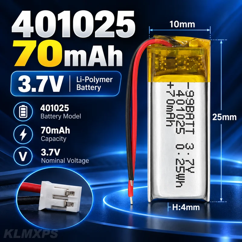 401025 70mAh 3.7V Li-Po Polymer Battery Cell for Bluetooth Headset, Voice Recorder, Handheld Fan and Selfie Stick 1-10pcs