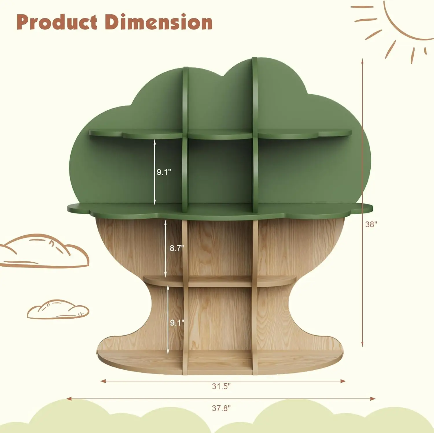 Tree Kids Bookshelf Toddler Bookcase 4-Tier Baby Book Rack Children Toy Storage Organizer Wood Display Shelf for Nursery Playroo