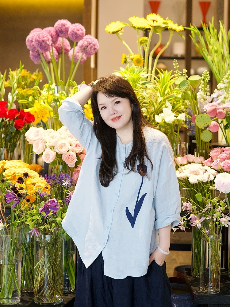 Dopamine Series Blooming 444 Tulip Patchwork Long Sleeve Blue Shirt Hanflax Yarn Dyed Enzyme Wash Casual Women's Shirt