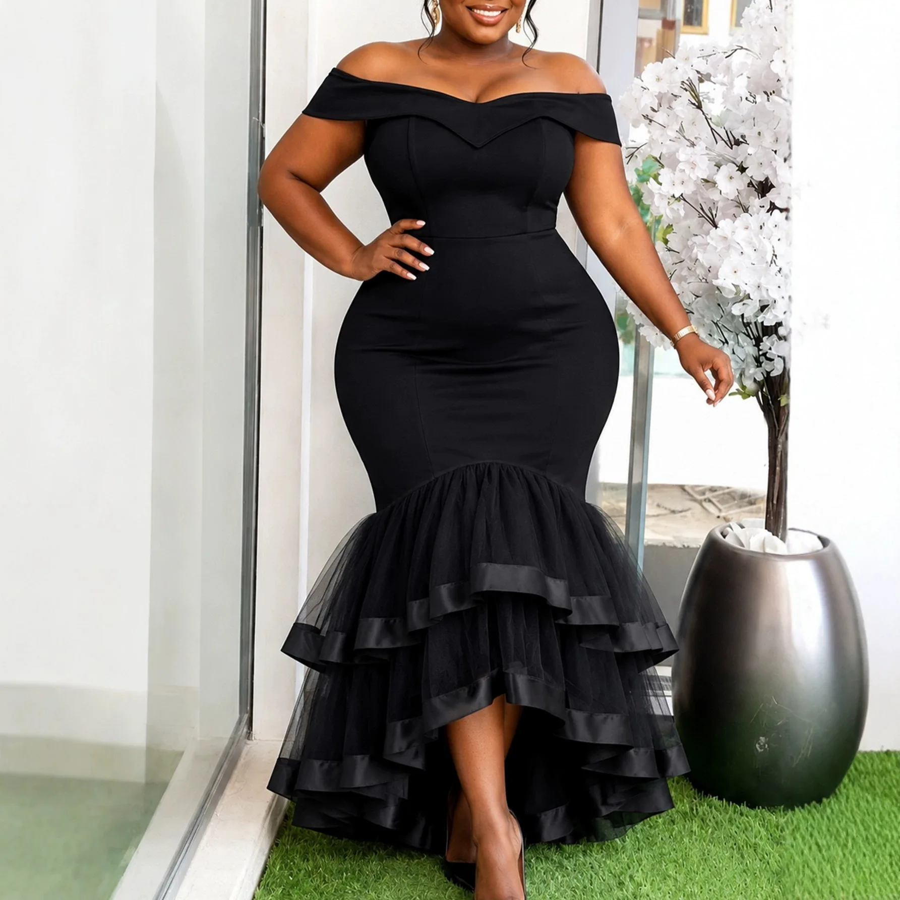 African Women Dresses Bodycon Mermaid Slash Neck Sleeveless Mesh Hem Wedding Guest Birthday Party Festival Ceremony Outfits