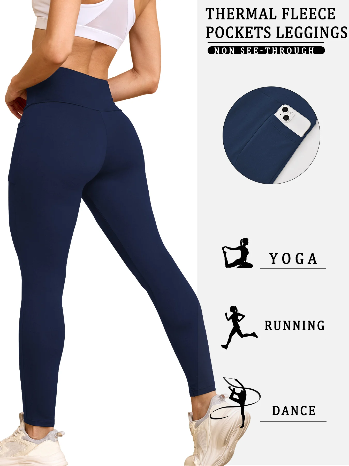 Women's Fleece Lined Winter Leggings with Pockets - High Waisted Thermal Tummy Control Thick Warm Tights for Workout Running