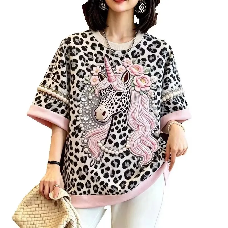 2026 New Summer Embroidered Unicorn Leopard Print T-shirt Women's T-shirts Blouse Fashion Short Sleeve Retro Round Neck Top