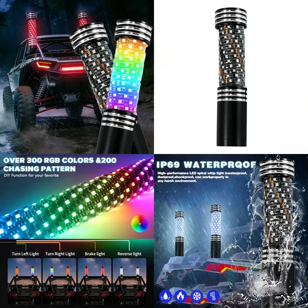 【Daria Auto Parts】 Heavy RGB Spiral Flag Pole Whip Light with Remote Music Mode for UTV ATV Truck