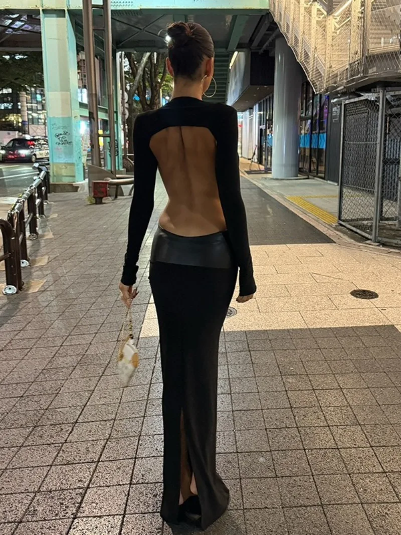 セクシーな深いVネック、長袖、透かし彫りのロングパーティードレス、女性用セクシーなナイトクラブガウン、背中が開いたスリット入りブラックイブニングドレス