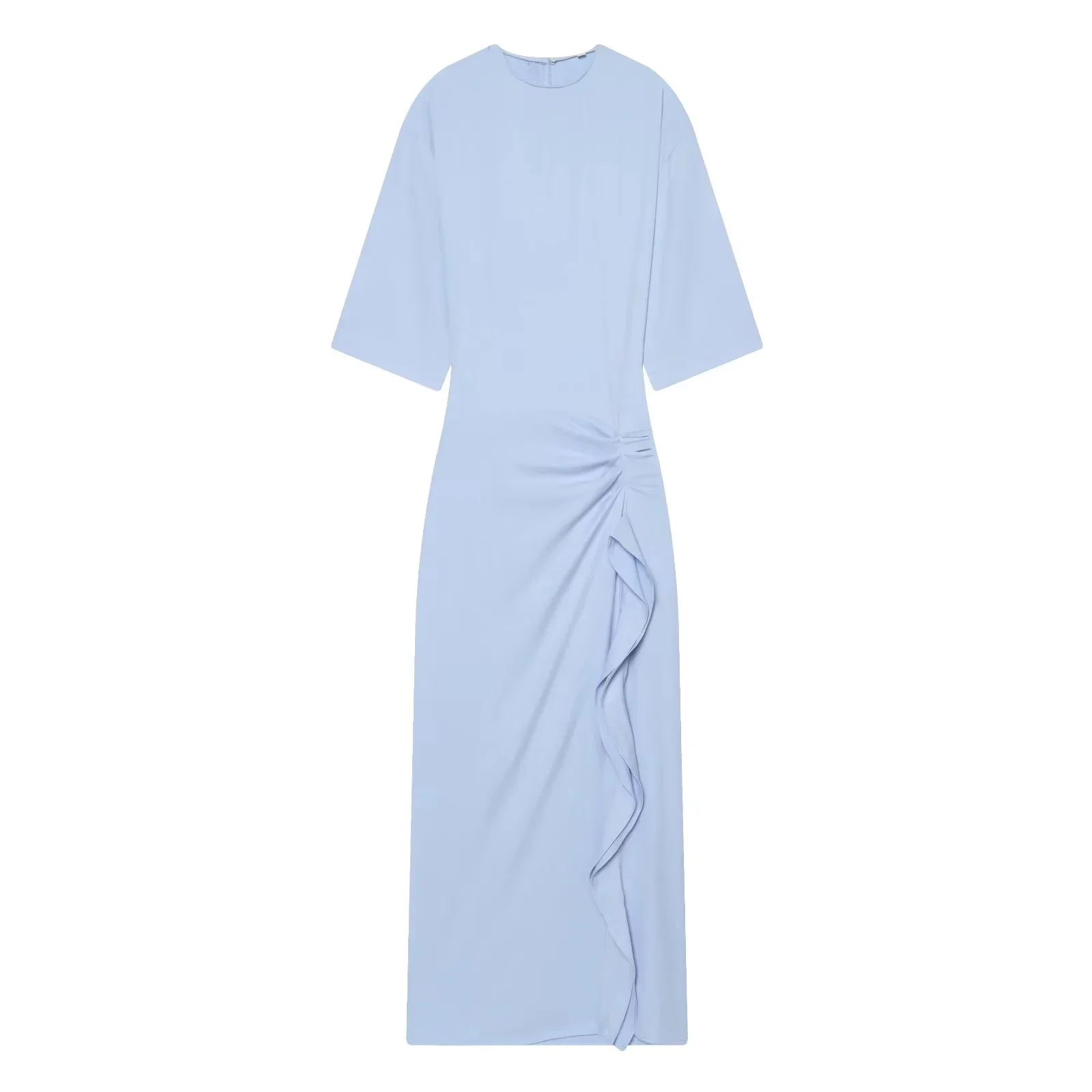 BSAY 2026 Damen Einfarbiges Rundhals-Midikleid mit Halben Ärmeln, Schmal Geschnitten, Seitlich Gerafft, Rüschen-Split, Elegantes Büro- und Formelles Kleid – Detail 9