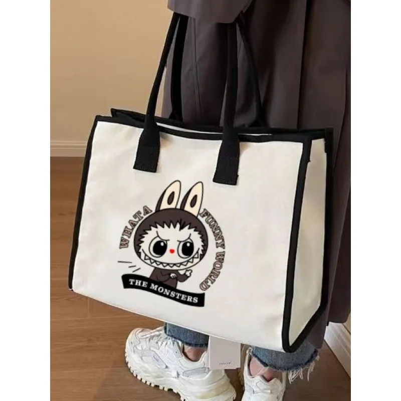 Labubu Cartoon Shoulder Bag Large Capacity Tote Canvas Bag Commuter All-in-one Art Bag Student Shoulder Bag Women\'s Casual Bag