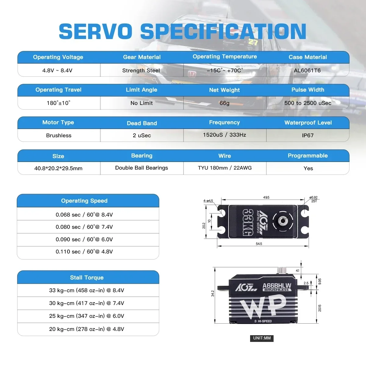 AGFRC Servo impermeable A66BHLW 33KG engranajes de Metal de alto par Servo sin escobillas de perfil bajo para coche 1/10 RC actualización de montaje DIY