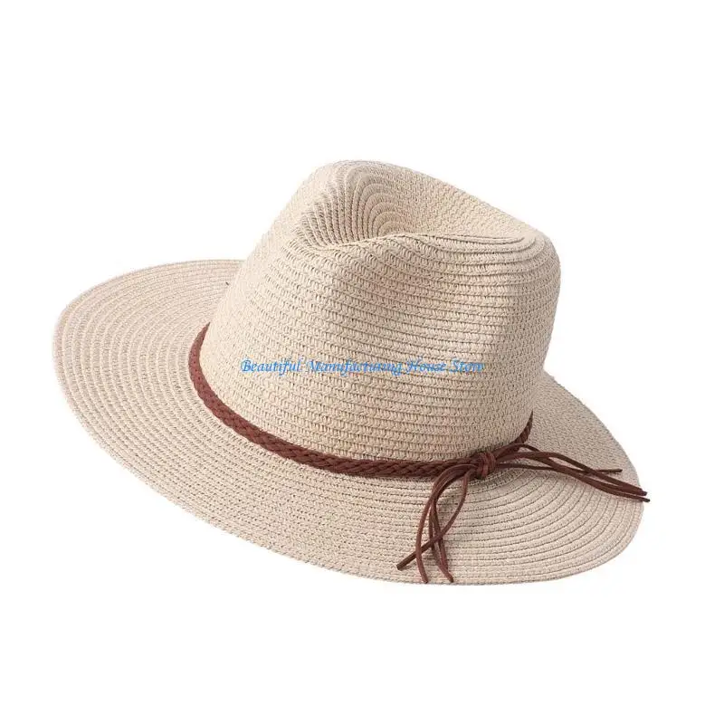 E56A Homburg Cowboy Hats with Braided Belt Tassels Knight Hat Straw Top Hat Elegant Porkpie Hat for Boy Men Straw Hat