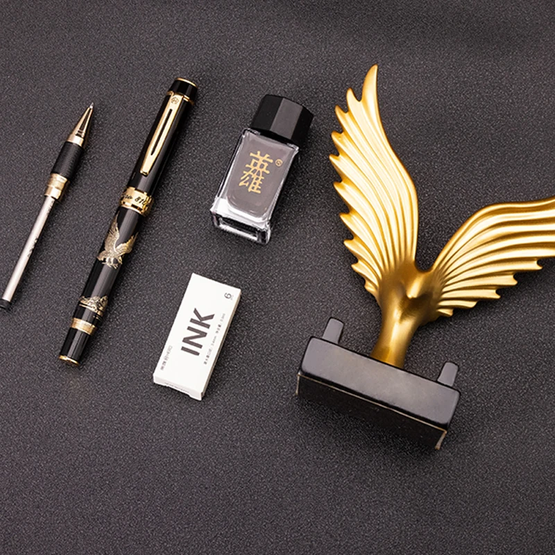 Imagem -06 - Leão Preto e Dourado Metal Fine Nib Fountain Pen Roller Ball Pen 2-head Gift Pen Gift Box Hero 8102 0.5 mm Novo