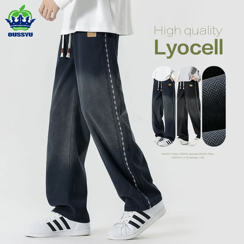 

Осень-зима, джинсы из плотной лиоцелловой ткани, мужские мешковатые прямые широкие брюки с эластичной резинкой на талии y2k, повседневные брюки для бега, большие размеры