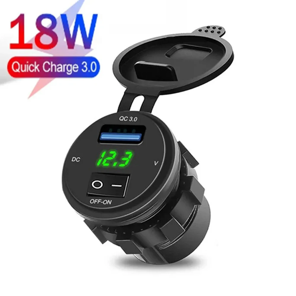 QC3.0 USB Charging Socket Fast Charger for 12V 24V Car USB Outlet Waterproof Charger Socket with Voltage Display Voltmeter