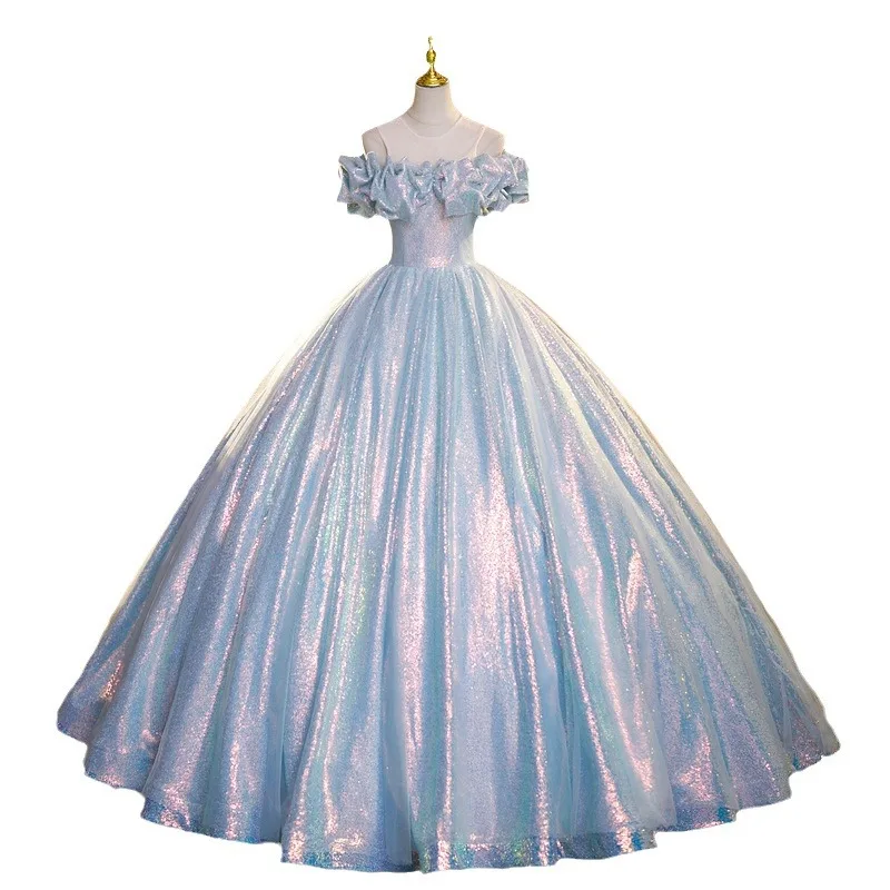 Glanzende Pailletten 2024 Nieuwe Prachtige Quinceanera Dres Off The Shoulder V-Hals Op De Grond-Avondjurk Vestidos Princesa 15 Anos