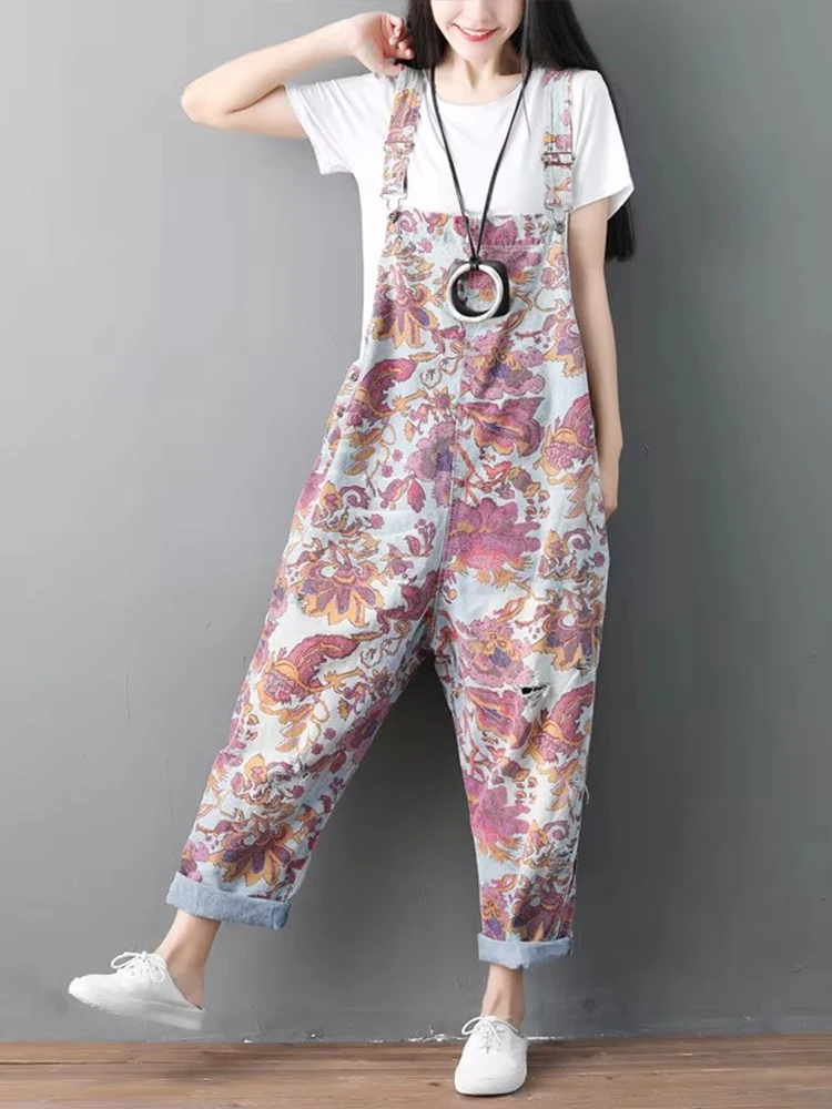 AmaxluluE Sommer Britischen Designer Weibliche Gedruckt Vintage Overalls Frauen Floral Lose Denim Pantalons Weibliche Übergroße Hosen