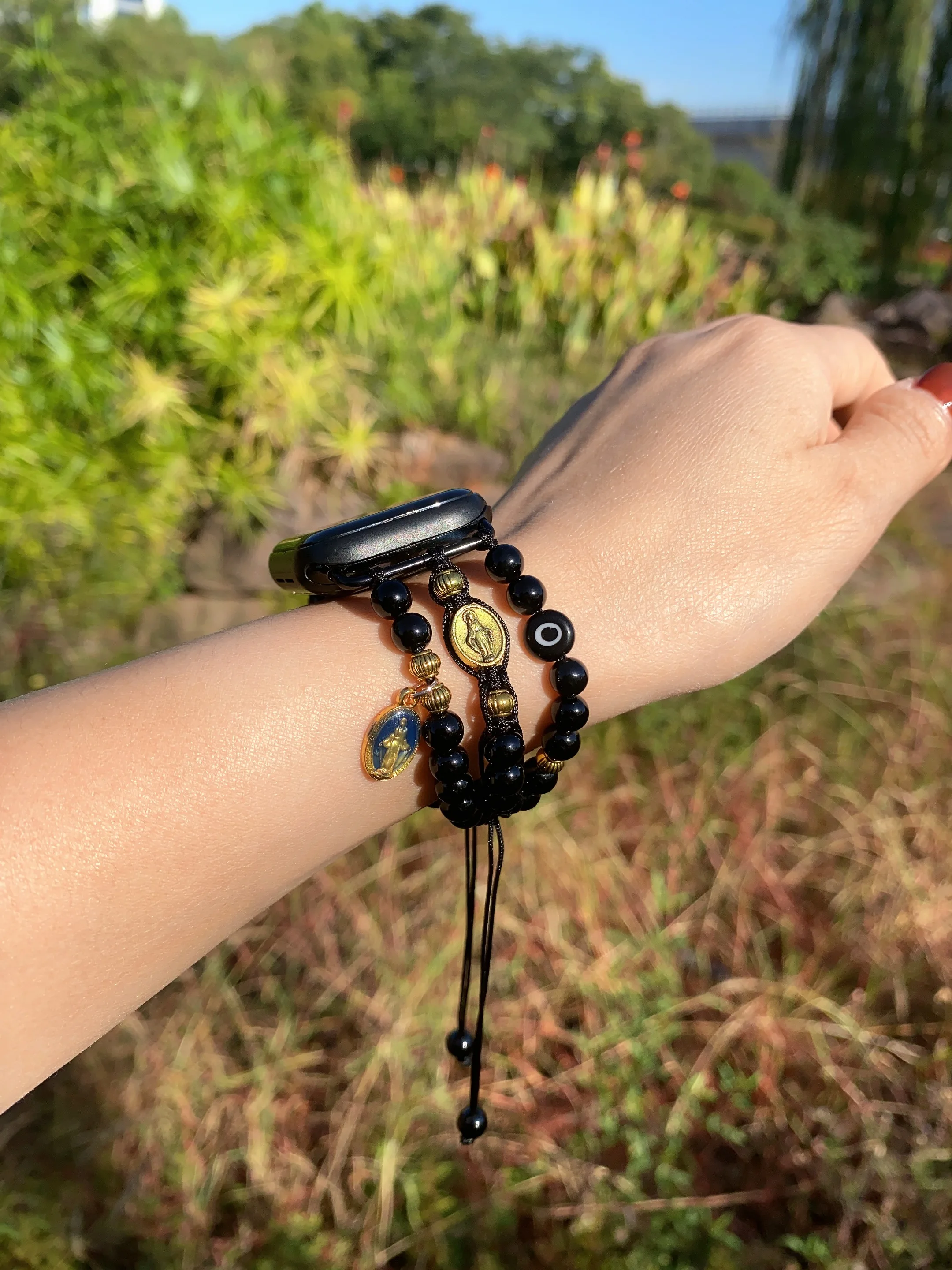 Miraculous Medal Black Onyx Evil Eye Beaded Apple Watch Band 38mm 40mm 41mm 42mm 44mm 45mm Apple Watch Strap Iwatch Armband