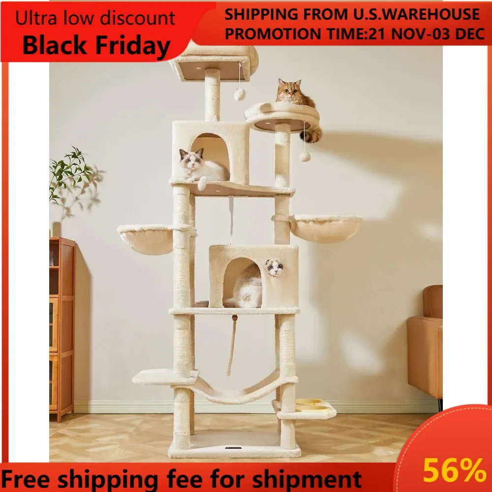 76-Inch Cat Tree Cat Tower for Indoor Cats, Plush Multi-Level Cat Condo with 12 Scratching Posts, 2 Perches, 2 Caves,