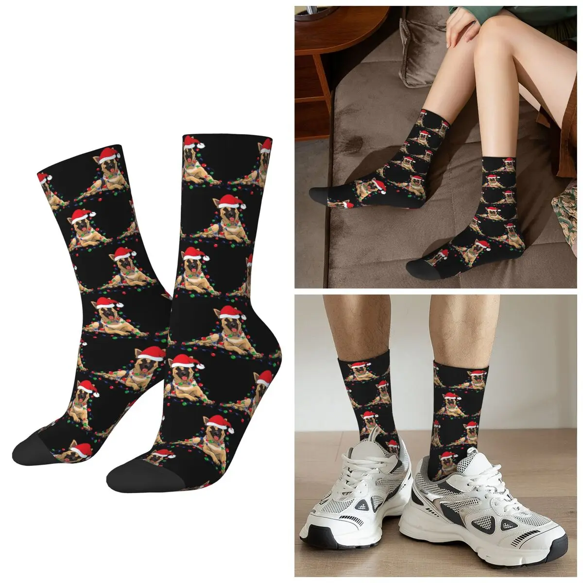 

All Seasons Christmas Lights German Shepherd Dog With Santa Socks Sport Middle Tube Socks Soft Stockings for Men Women Gifts