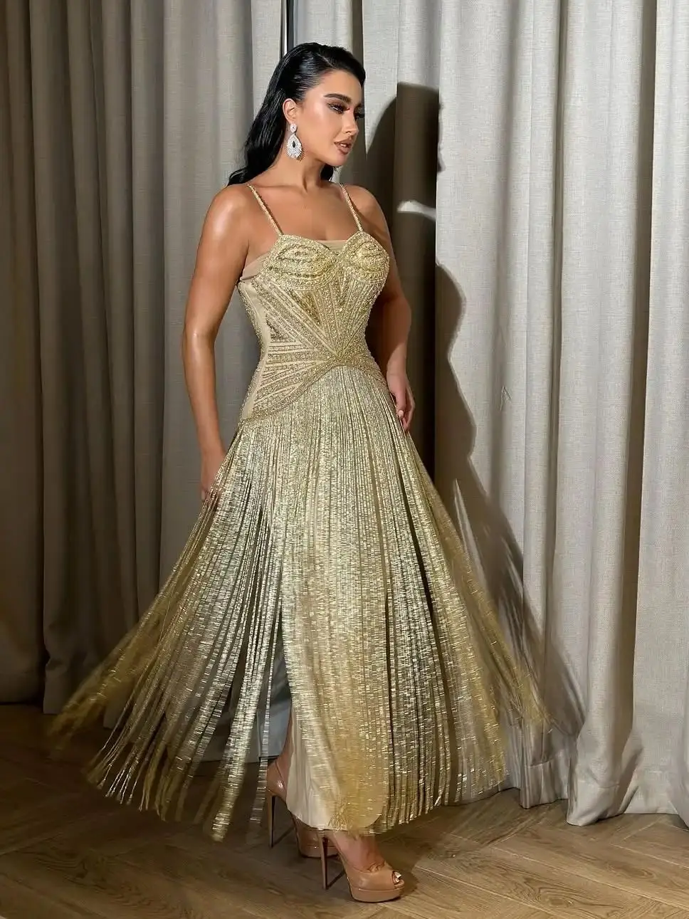 

Ofherown Luxury Gold Beaded TasselEvening Dress with Spaghetti Strap Vintage Shiny Prom Gown for Party Red Carpet 2026
