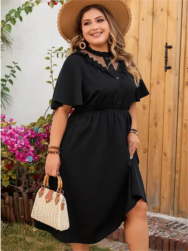 Plus Size Solid Round Neck Women Dresses Short Sleeves A-Line Oversized Robe Lace Front Button Sexy Female Vacation Clothing