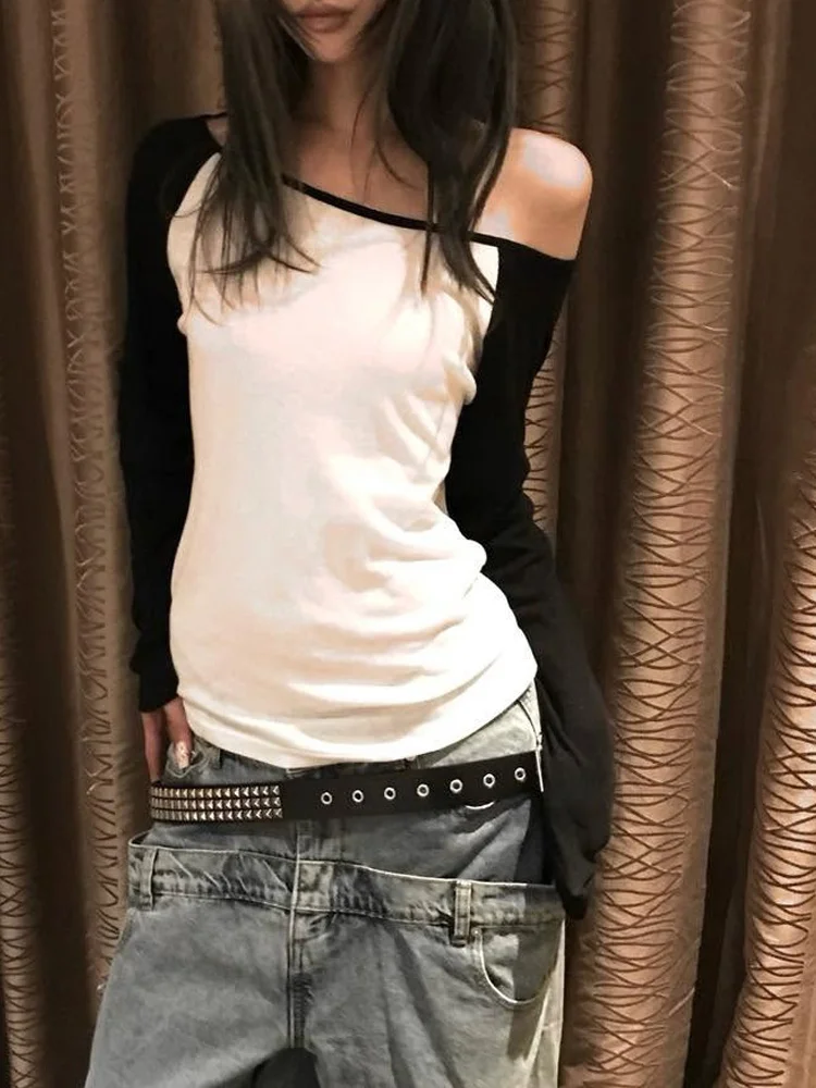 Women Korean Y2K Aesthetic Color Block Raglan Sleeve One Shoulder Stretchy Slim Fit Long Sleeve T-Shirt