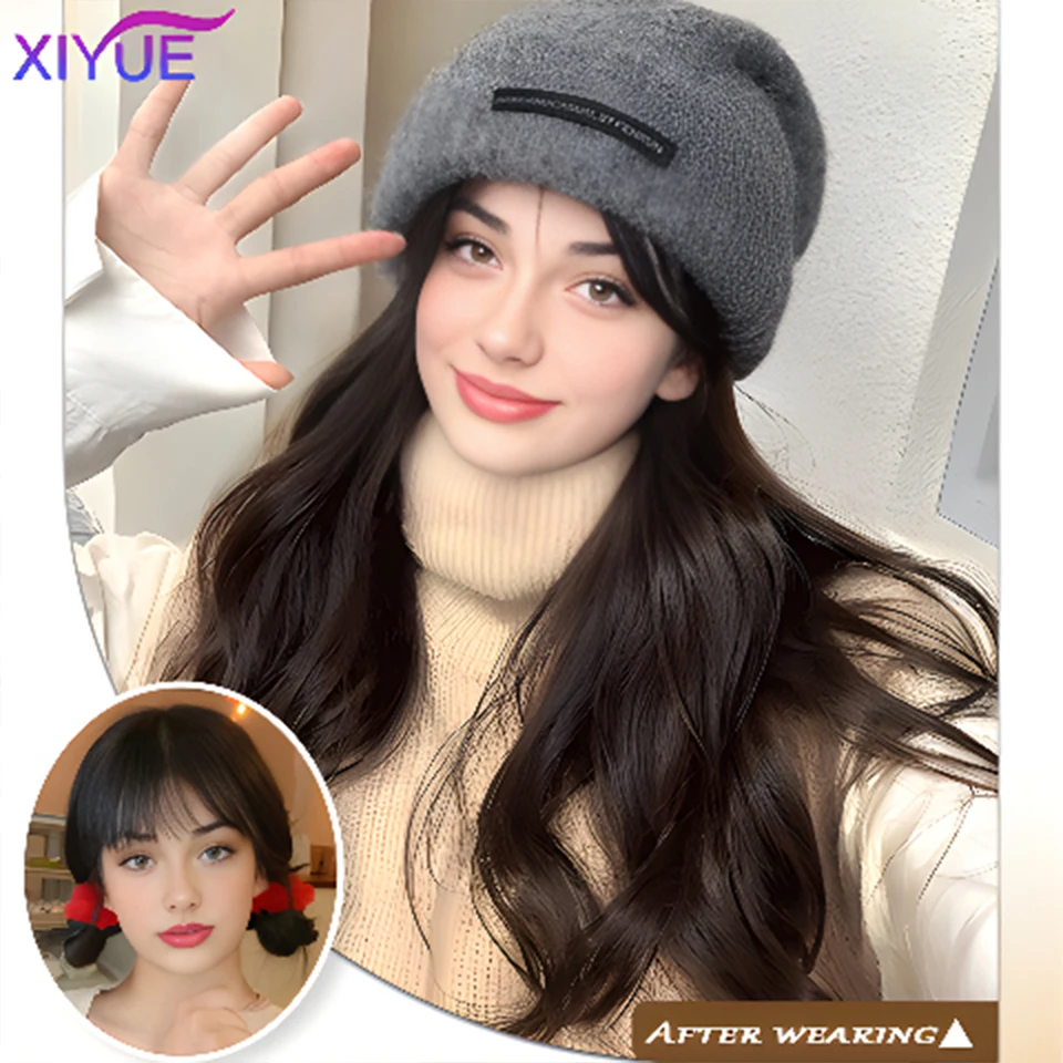 XIYUE Hat wig all-in-one women's long hair 2023 new winter knitted hat long curly hair natural synthesis full head cover