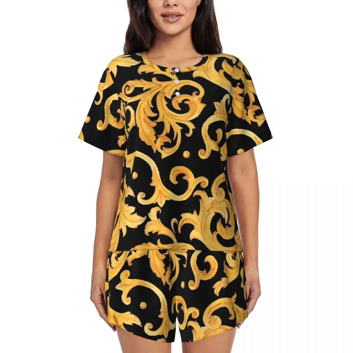 

Baroque Print Pajamas Gold Floral Short Sleeve Kawaii Pajamas Set 2 Piece Casual Summer Graphic Sleepwear Gift Idea