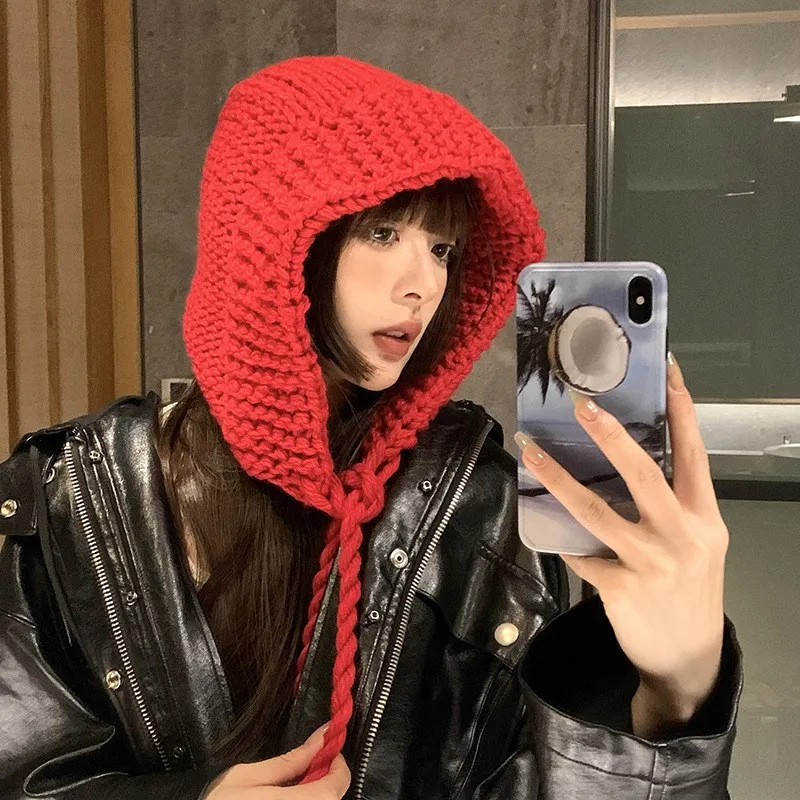 Winter Hats For Women Knitted Beanie Red Hat Christmas Gift Big Size Ear Cold-proof Korean Thick Warm Bonnet Gorro Skullcap 2023