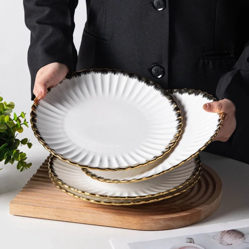 1/2pcs 10in Ceramic Dinner Plate Set with Light Luxury And Elegant Golden Rim Design, Suitable for Steak Plates, Salad Plates