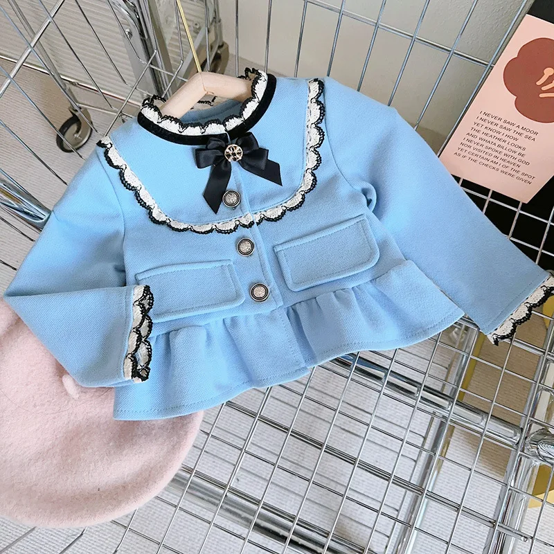 Larua Kors-Conjunto de ropa coreana para niña, suéter azul de manga larga con volantes y botones de vellón, conjuntos bonitos de 2 piezas, ropa de