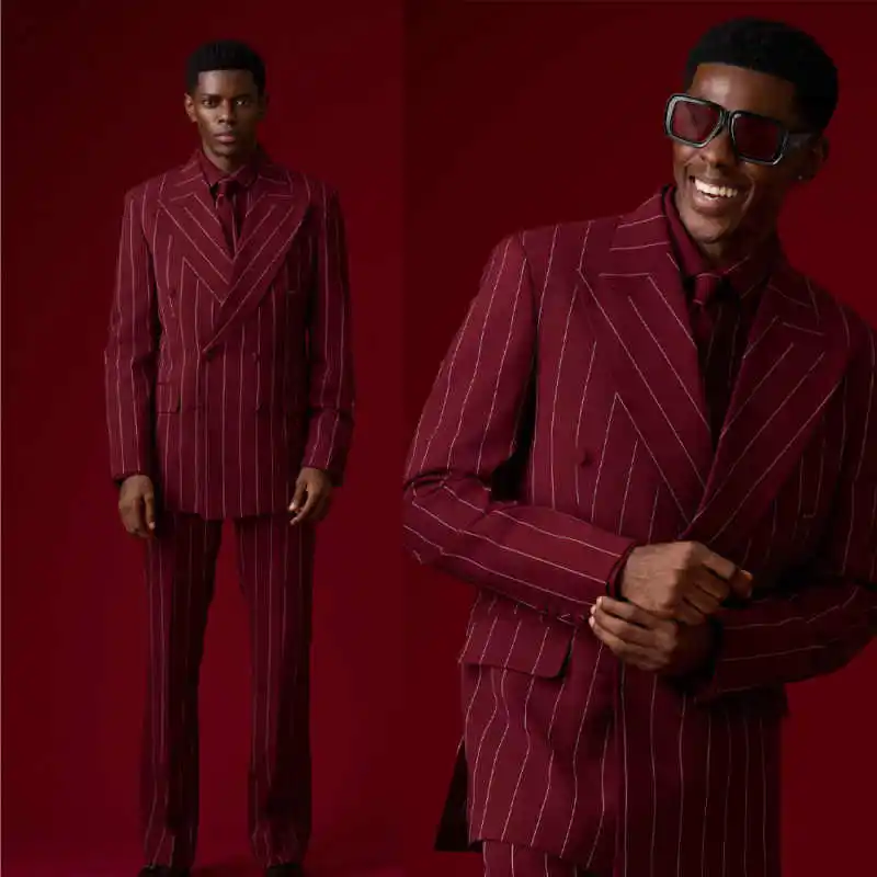 

Handsome 2 Pieces Men Suits Peaked Lapel Double Breasted Groom Wedding Tuxedos Stripe Formal Party Customized