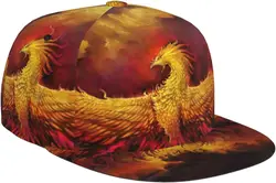 Fantasy Phoenix Bird Pattern Flat Bill Hat, Unisex Snapback Baseball Cap Hip Hop Style Flat Visor Blank Adjustable Black