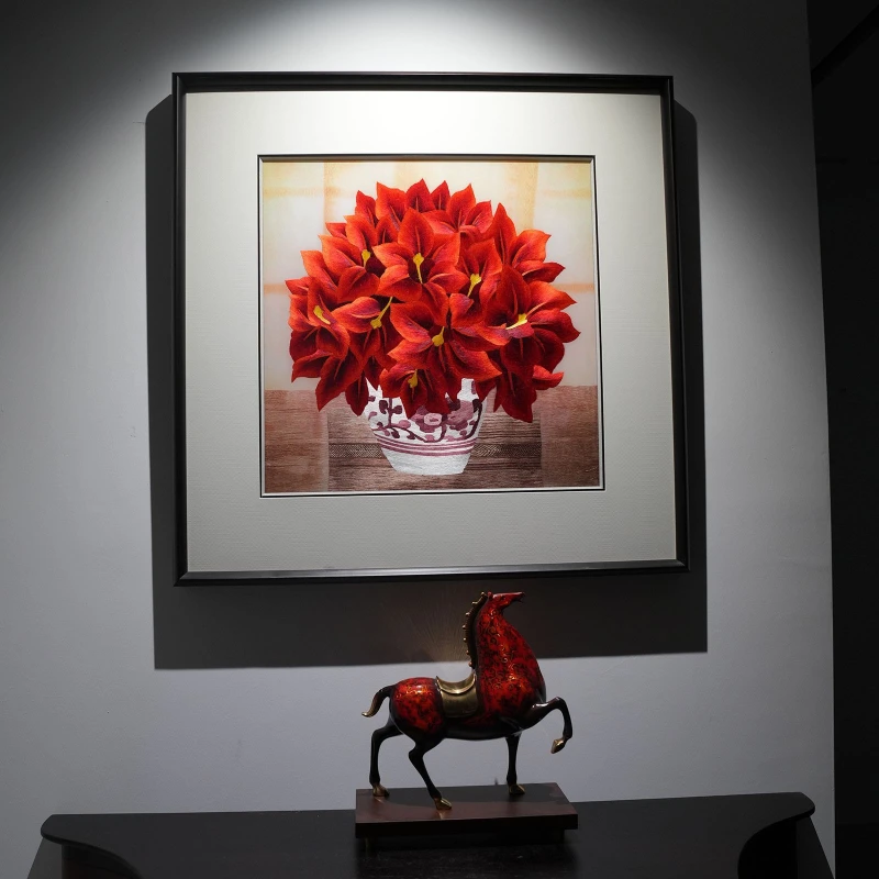 Pure handmade red lily high-end hanging painting living room finished embroidery decorative painting