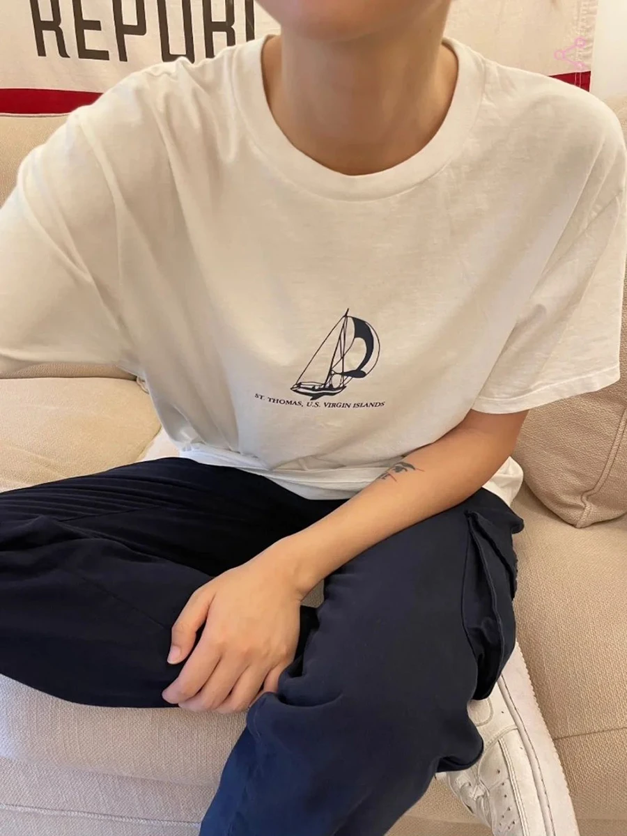 Sailboats Print Loose T-shirt Woman Summer Short Sleeve O-Neck Oversized Tee Shirts American Vintage Streetwear Y2k Tshirt Top