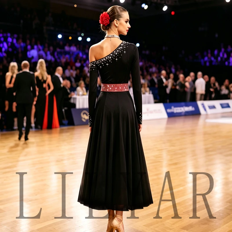 Black Bullfighting Dance Skirt High Split Slant Shoulder Long Sleeve New Women's Customized Latin Dance Competition