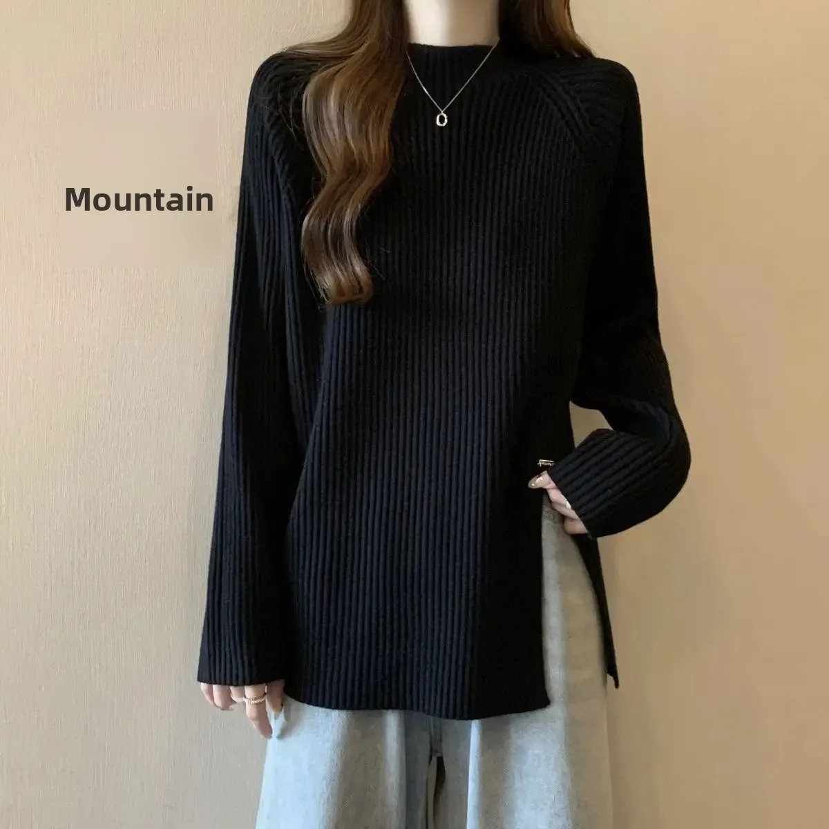 حجم كبير نصف الياقة العالية فضفاضة طويلة الأكمام المرأة قاعدة قميص الكورية نمط الدفء الشق تصميم الخريف الشتاء قمة الموضة الجديدة #2