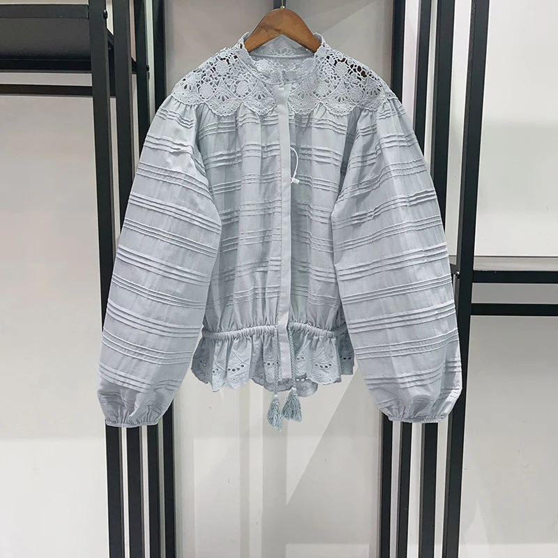 100% Cotton Floral Lace Women's Shirt Tie-Drawstring Waistband Elegant Commuter Long-Sleeve Blouse Top 2026 Spring New Y2k