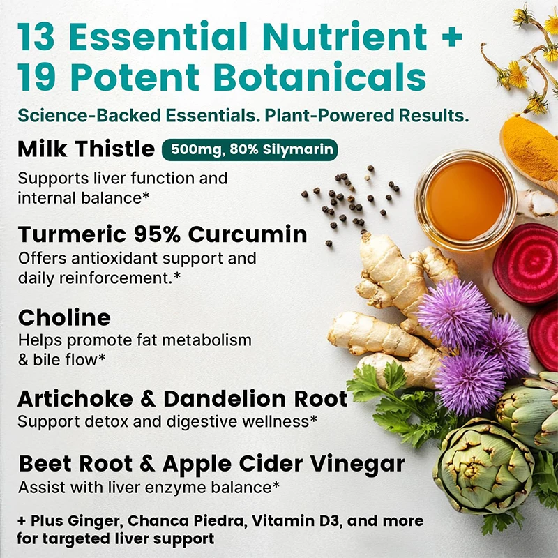 32 in 1 Liver Support Supplement, Containing Milk Thistle, Diatom, Thistle Extract, and Beetroot, Healthy Formula 60 Capsules