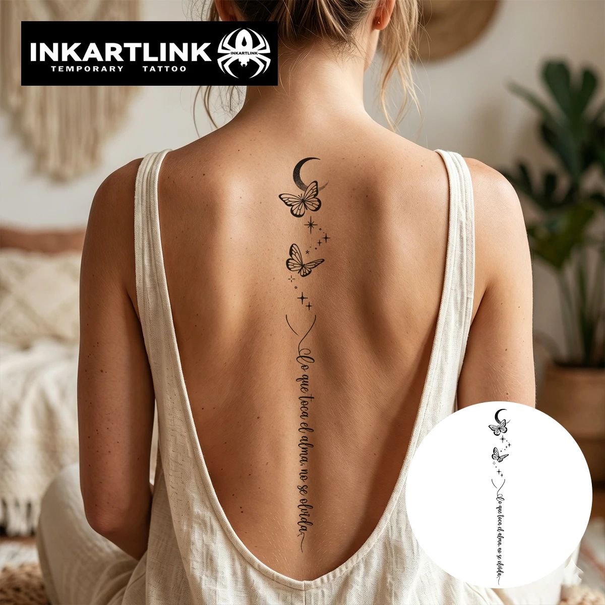 INKARTLINK 1PC Women's Temporary Tattoo Sticker – Minimalist Butterfly & Moon Design – Waterproof – Suitable for Back