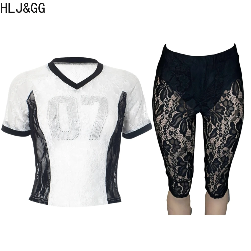 HLJ&GG Y2K American Streetwear Women Print O Neck Short Sleeve Tshirts And Leopard Sequin Shorts Two Piece Sets Fashion Outfits