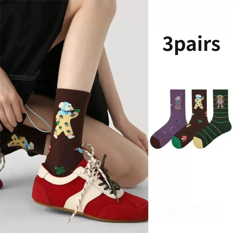 

HeYe уличные дышащие впитывающие пот осенние и зимние носки из чесаного хлопка в полоску с рисунком животных для женщин