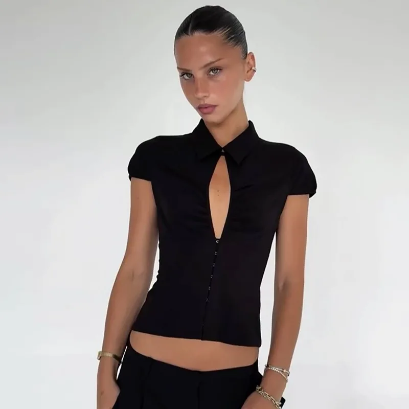 

Women Crop Top Base Layer 2026 Spring Summer Sexy Collar Button Front Short Sleeve T Shirt For Women Fashion Casual Top T Shirt