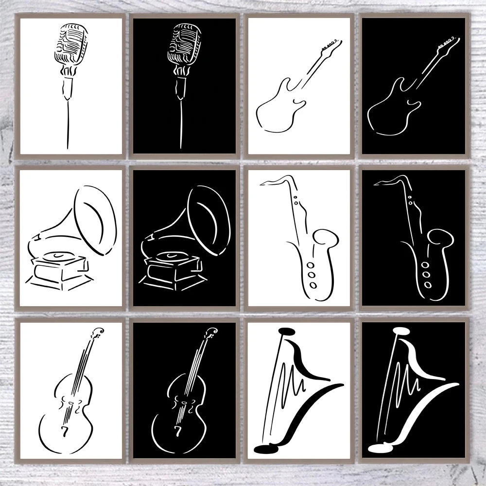 Figuras de palo de líneas abstractas, instrumento de micrófono, guitarra, saxofón, violín, póster, lienzo, pintura, arte de pared, imágenes, decoración del hogar