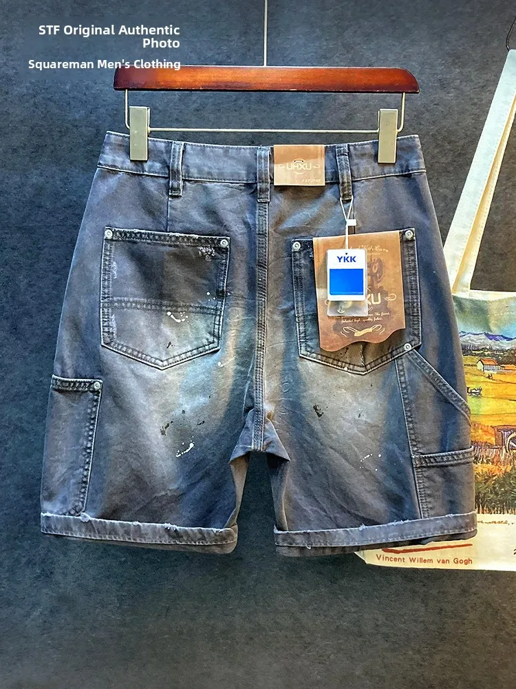 

High Quali Vintage Workwear orts Men's Spring Summer Thin Ink Splaed Multiple kets Loose Casual Five-Quarter Pants